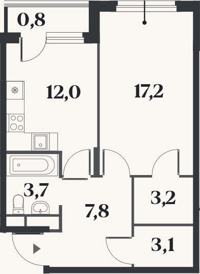 Планировка: 1-к, 45,5 м²