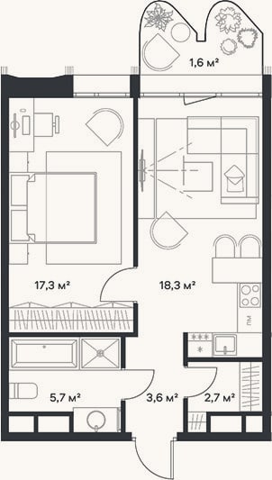 Планировка: 2-к, 47,6 м²