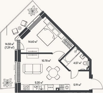 Планировка: 2-к, 41,2 м²