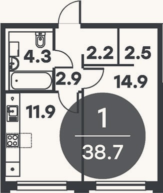 Планировка: 1-к, 38,7 м²