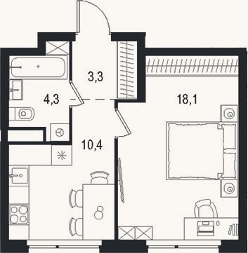 Планировка: 1-к, 36,1 м²