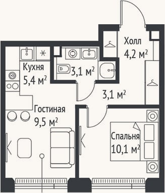 Планировка: 2-к, 35,3 м²