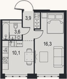 Планировка: 1-к, 33,9 м²