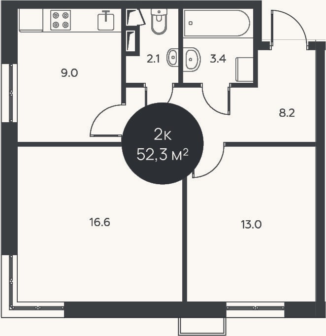 Планировка: 2-к, 52,3 м²