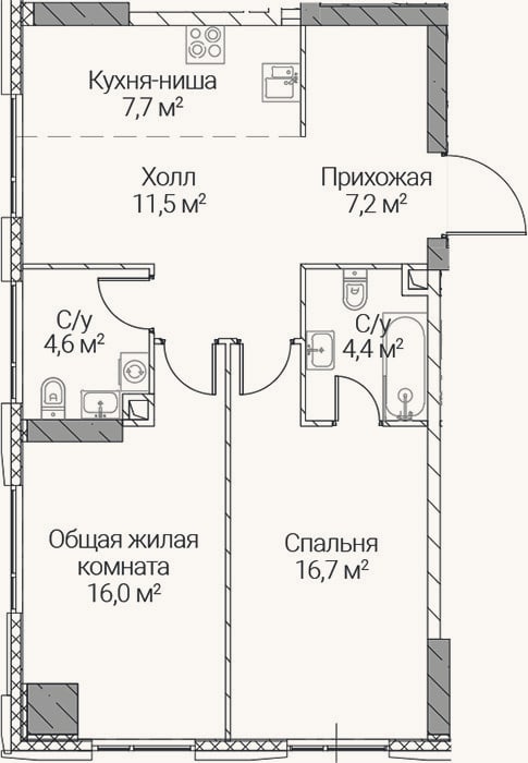 Планировка: 3-к, 68,1 м²