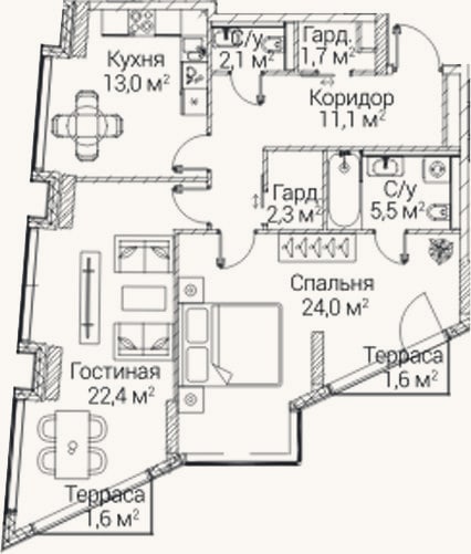Планировка: 2-к, 79,8 м²