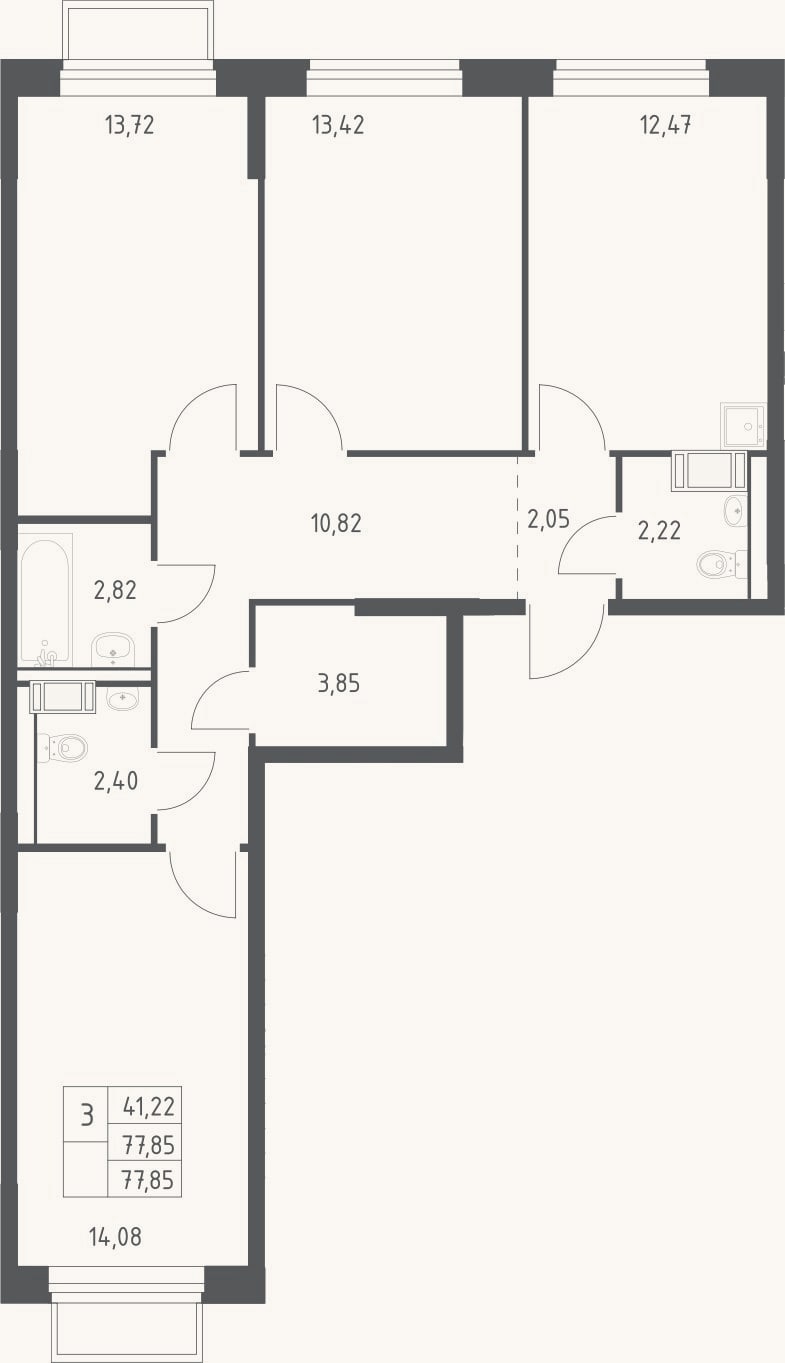 Планировка: 3-к, 77,9 м²