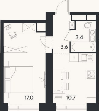 Планировка: 1-к, 34,7 м²