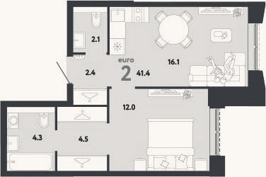 Планировка: 2-к, 41,4 м²