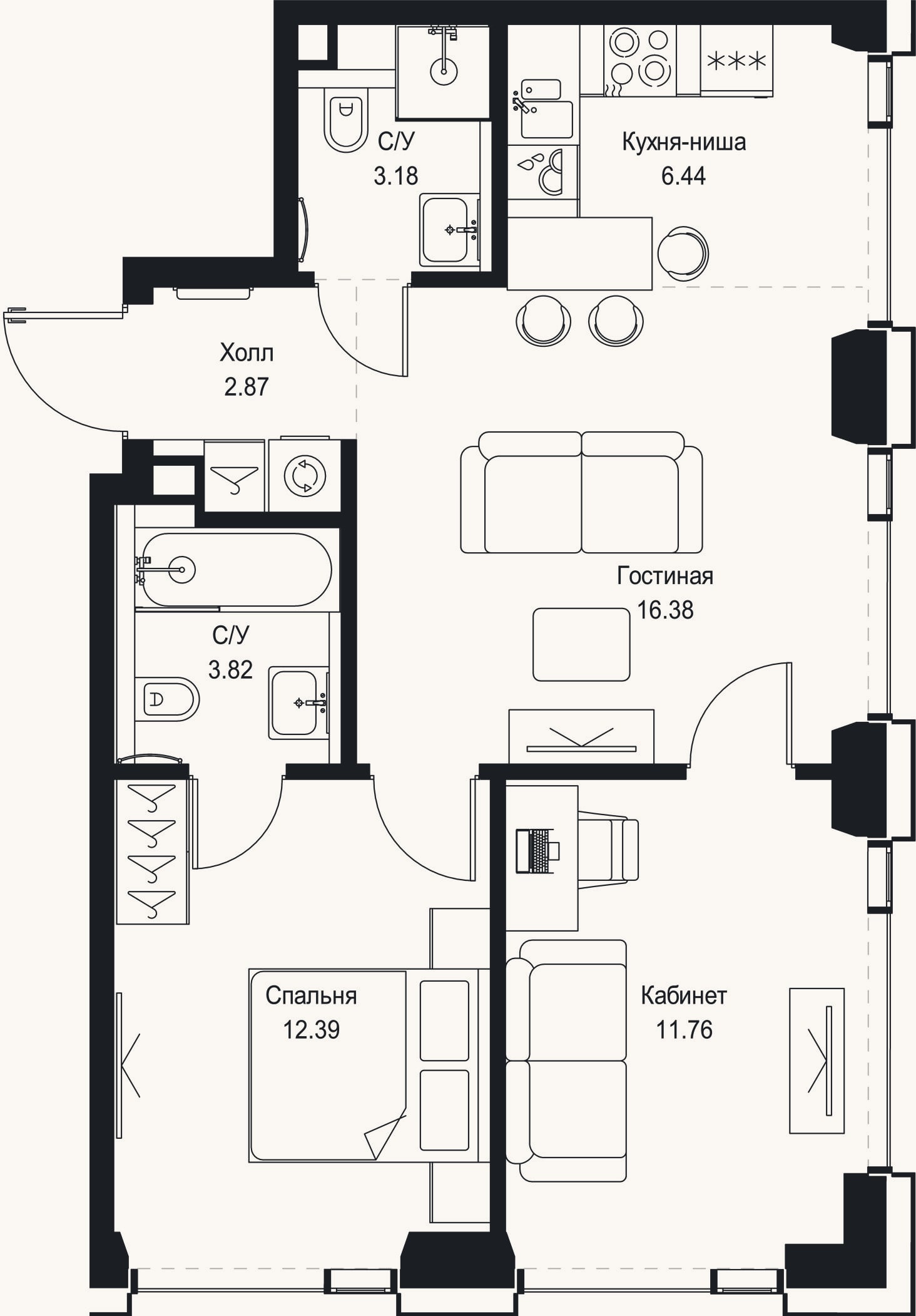 Планировка: 3-к, 56,8 м²