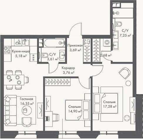 Планировка: 3-к, 74,7 м²