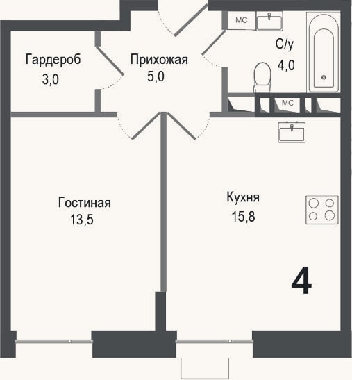 Планировка: 1-к, 41,1 м²