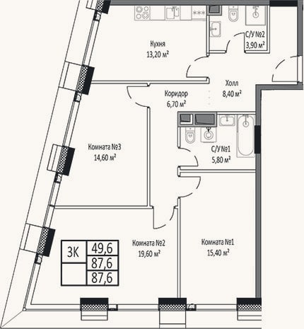 Планировка: 3-к, 87,6 м²