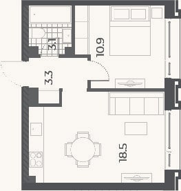 Планировка: 1-к, 34,8 м²