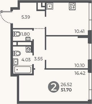 Планировка: 2-к, 51,7 м²