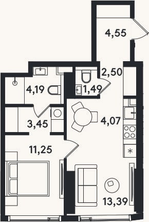 Планировка: 2-к, 44,9 м²
