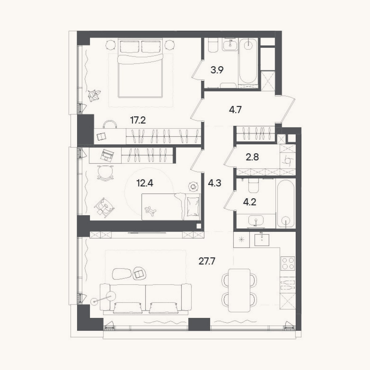 Планировка: 3-к, 77,2 м²