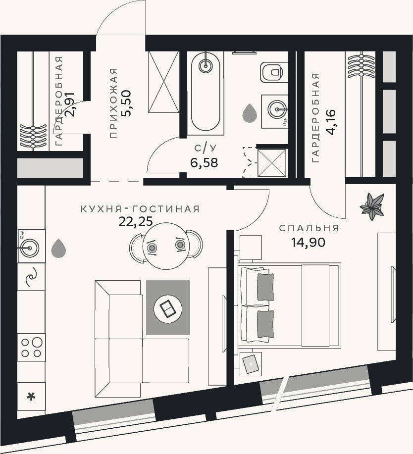 Планировка: 1-к, 56,3 м²