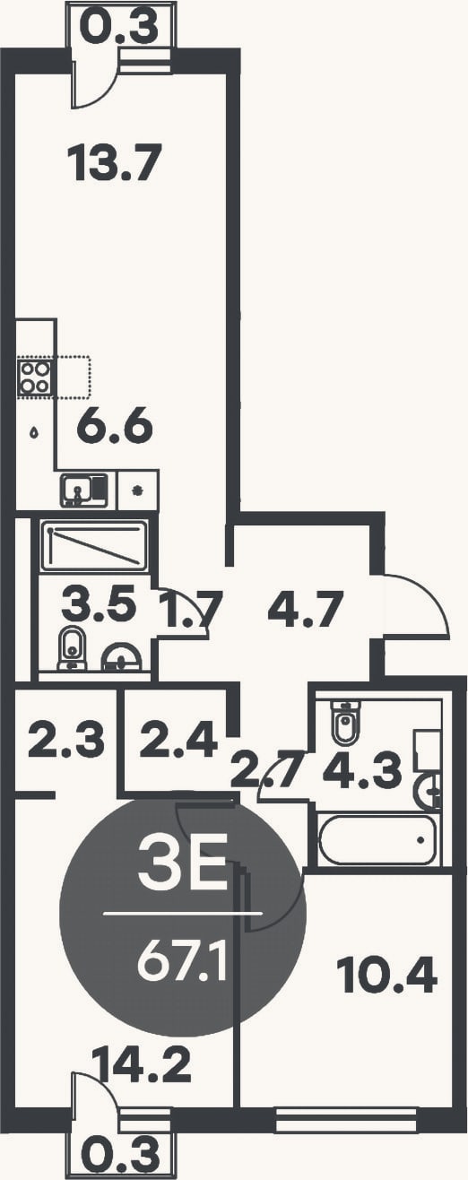 Планировка: 3-к, 66,5 м²