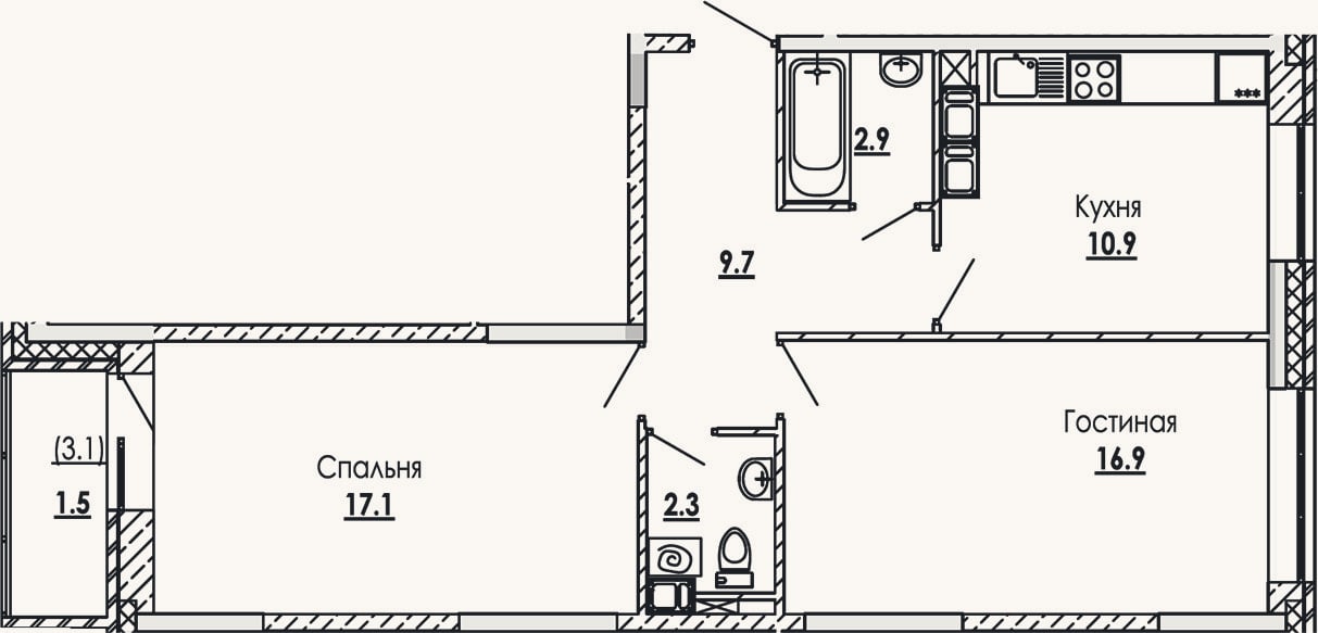 Планировка: 2-к, 59,8 м²