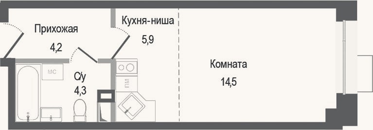 Планировка: Студия, 28,9 м²