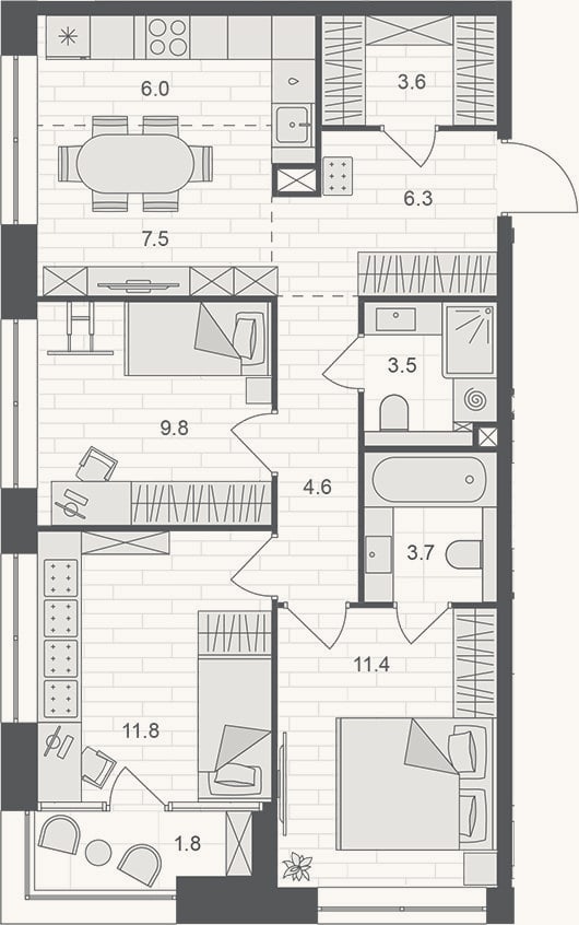 Планировка: 4+ к, 67,3 м²