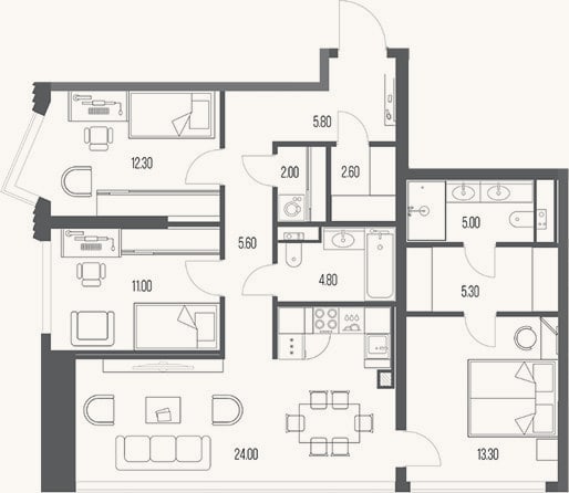 Планировка: 3-к, 91,7 м²