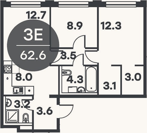 Планировка: 3-к, 62,6 м²