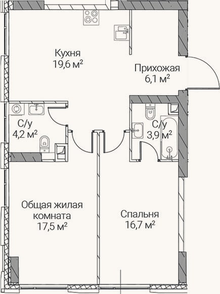 Планировка: 2-к, 68 м²