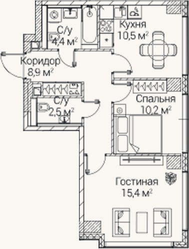 Планировка: 2-к, 51,9 м²