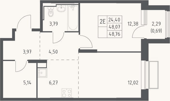 Планировка: 2-к, 48,1 м²