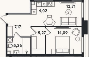 Планировка: 2-к, 49,5 м²