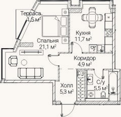 Планировка: 1-к, 46,9 м²