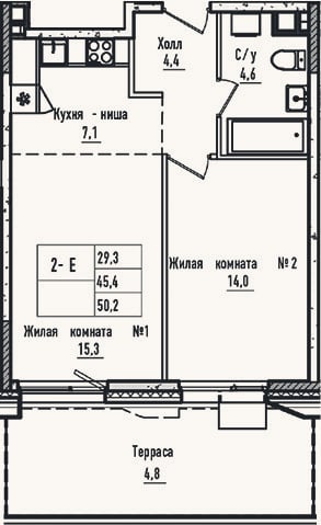 Планировка: 2-к, 45,4 м²