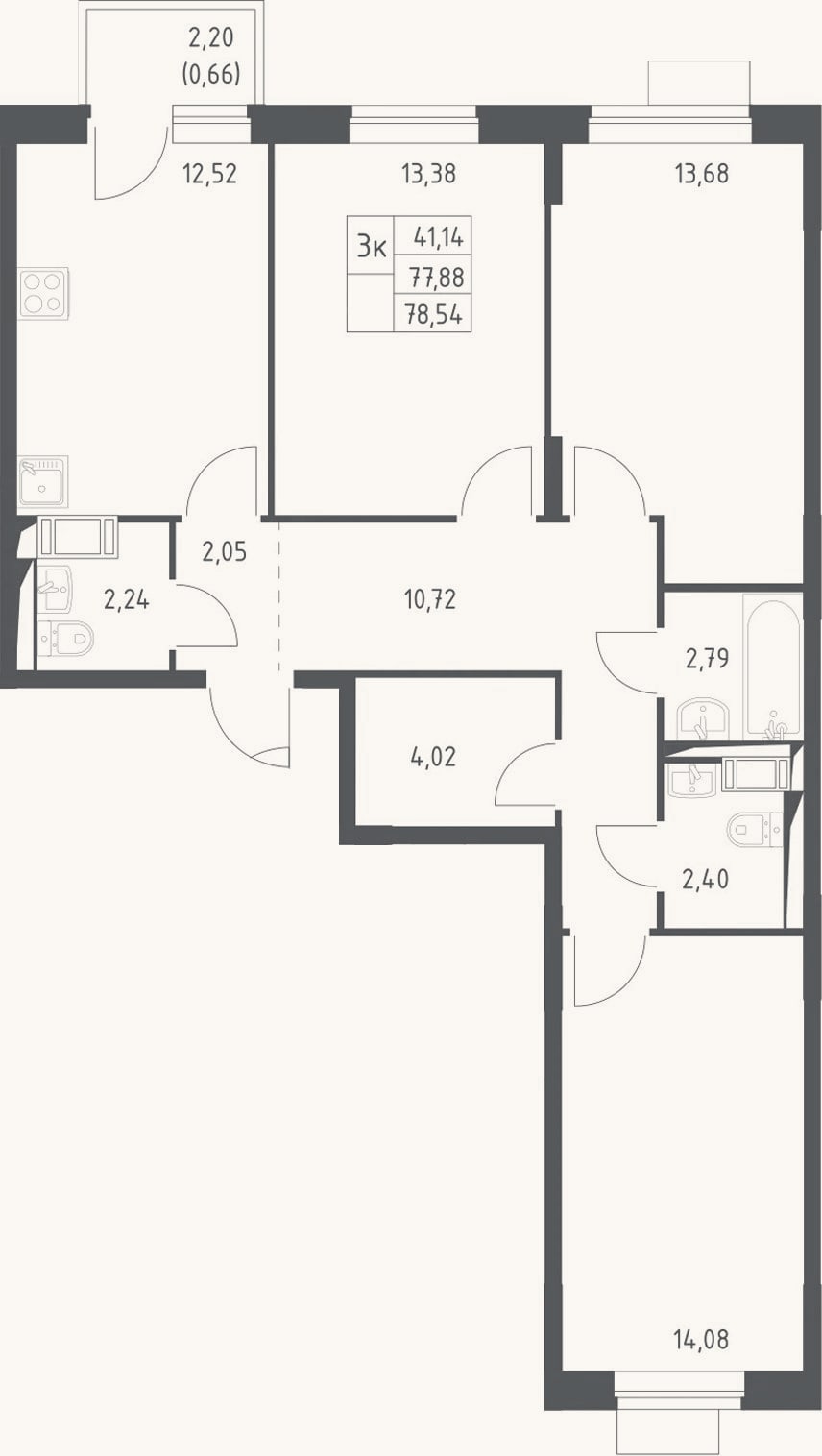 Планировка: 3-к, 77,9 м²