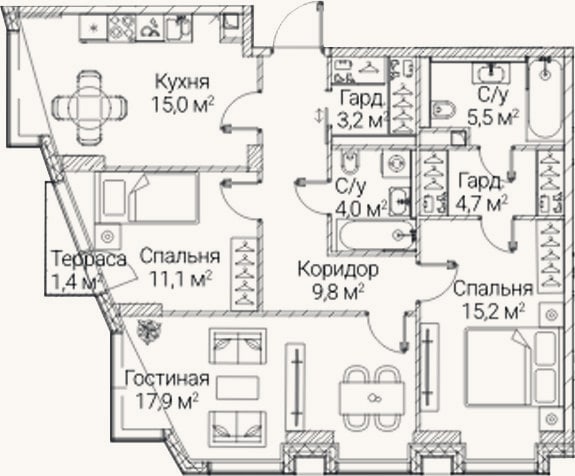 Планировка: 3-к, 84,9 м²