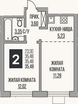 Планировка: 2-к, 35,5 м²