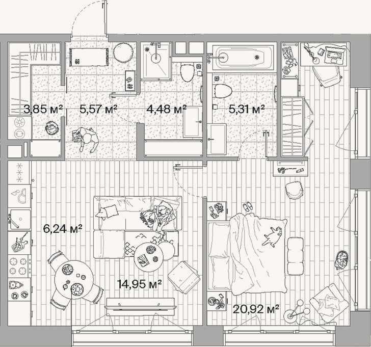 Планировка: 2-к, 61,3 м²