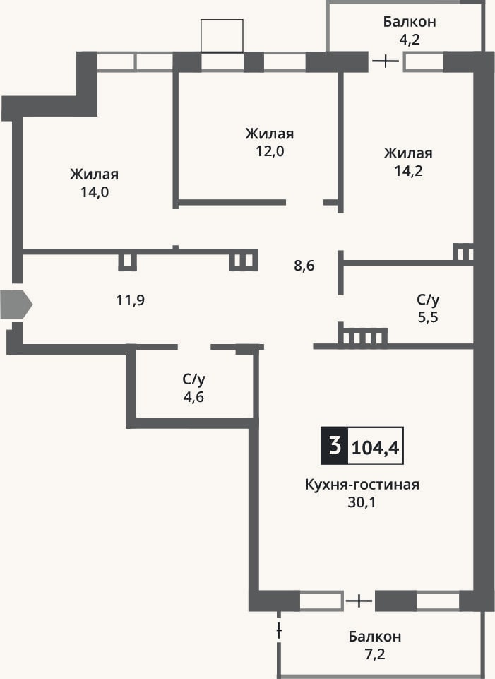 Планировка: 4+ к, 100,9 м²
