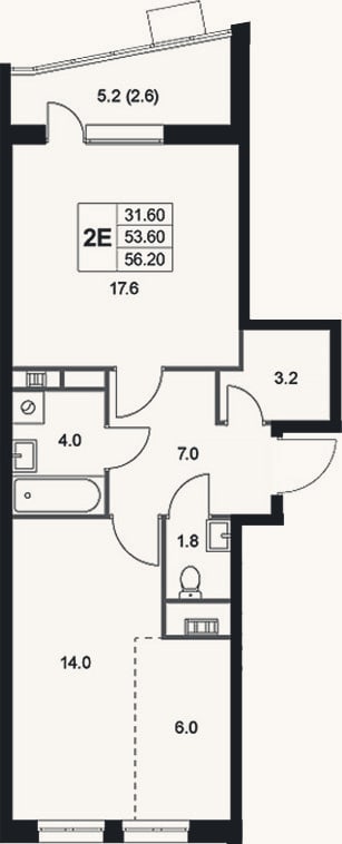 Планировка: 2-к, 53,6 м²