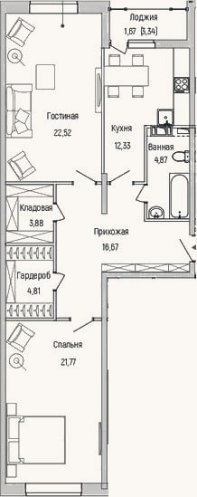 Планировка: 2-к, 86,9 м²