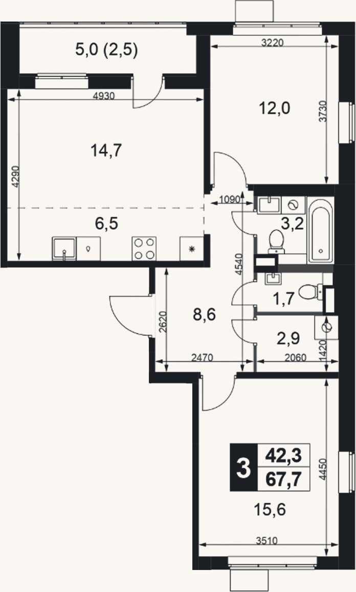 Планировка: 3-к, 65,2 м²