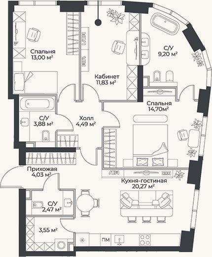 Планировка: 4+ к, 87,4 м²