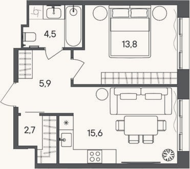 Планировка: 1-к, 42,5 м²
