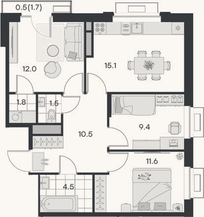 Планировка: 3-к, 66,4 м²