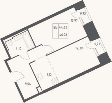Планировка: 2-к, 44,6 м²
