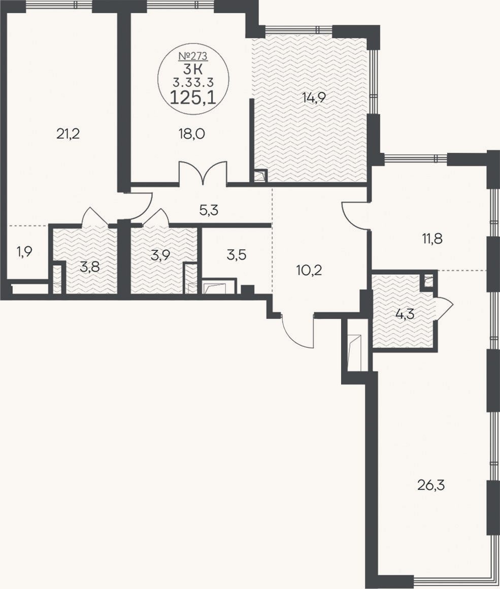 Планировка: 3-к, 125,1 м²