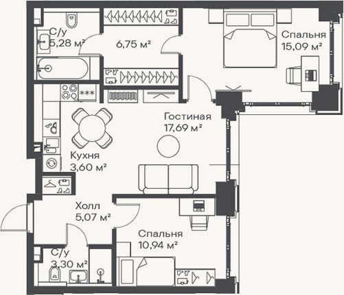 Планировка: 3-к, 67,7 м²
