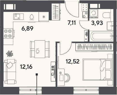 Планировка: 2-к, 42,6 м²