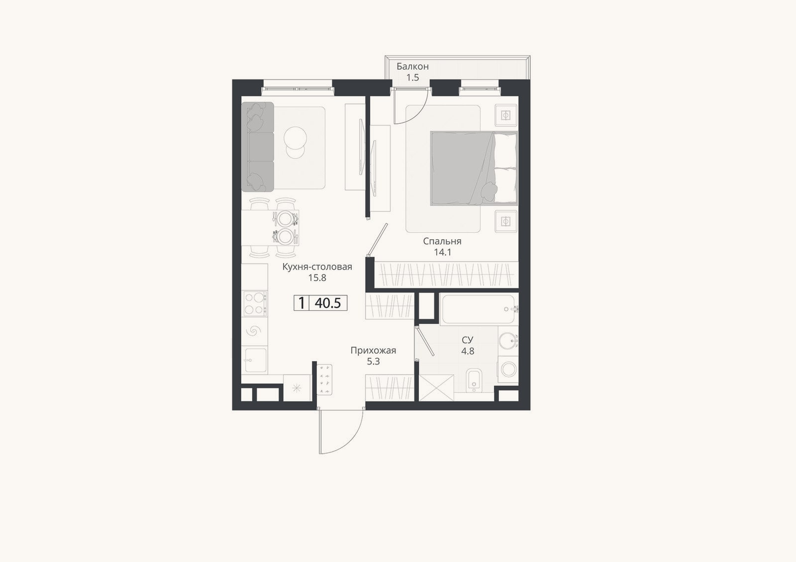 Планировка: 2-к, 40 м²